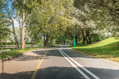 Bike path in the park with green trees. Beautiful summer landscape.
