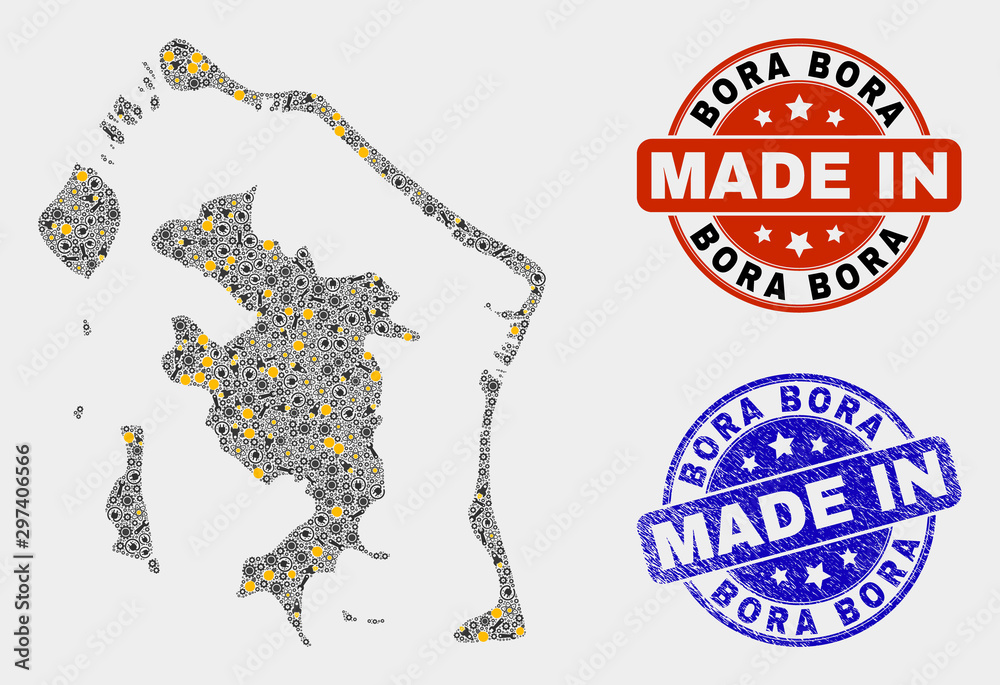 Mosaic industrial Bora-Bora map and blue Made In scratched stamp. Vector geographic abstraction model for industrial, or patriotic posters. Mosaic of Bora-Bora map combined of scattered cogs, Mosaic industrial Bora-Bora map and blue Made In scratched stamp. Vector geographic abstraction model for industrial, or patriotic posters. Mosaic of Bora-Bora map combined of scattered cogs,
