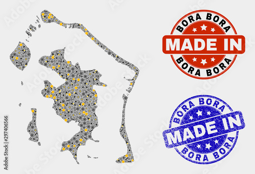 Mosaic industrial Bora-Bora map and blue Made In scratched stamp. Vector geographic abstraction model for industrial, or patriotic posters. Mosaic of Bora-Bora map combined of scattered cogs,