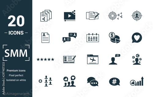 Smm icon set. Include creative elements content, copywriting, user information, budget planning, tops and ratings icons. Can be used for report, presentation, diagram, web design