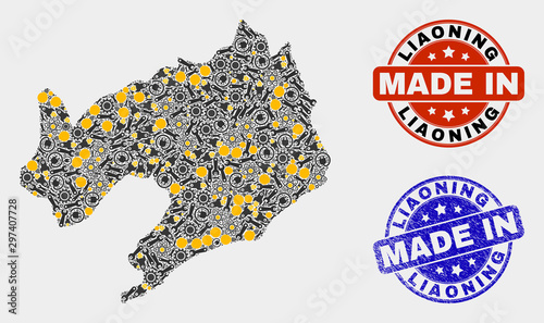 Mosaic technical Liaoning Province map and blue Made In scratched seal. Vector geographic abstraction model for technical, or political templates.