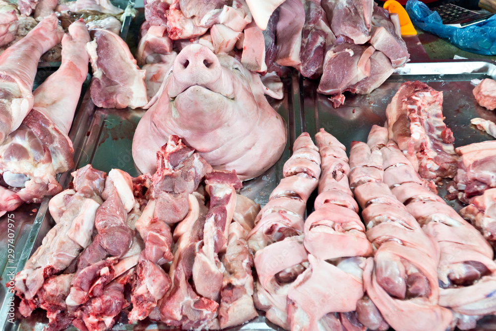 sale of pork. Pieces of pork meat, close up ,in fresh market for sale. Raw pork for sale in the market