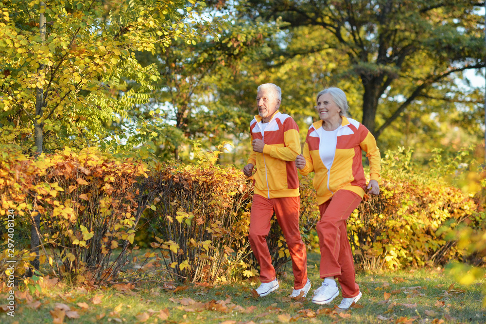Fototapeta premium Portrait of happy fit senior couple jogging