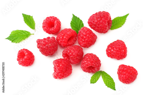 ripe raspberries with green leaves isolated on white background. top view