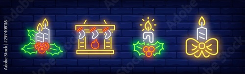 Burning candles and fireplace with socks neon signs set