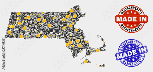 Mosaic industrial Massachusetts State map and blue Made In scratched stamp. Vector geographic abstraction model for industrial, or patriotic posters.