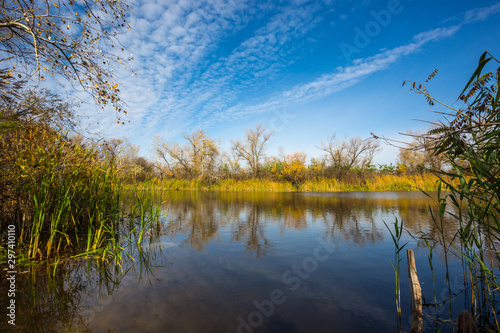 Fototapeta Naklejka Na Ścianę i Meble -  Nice autumn scene on lake in forest