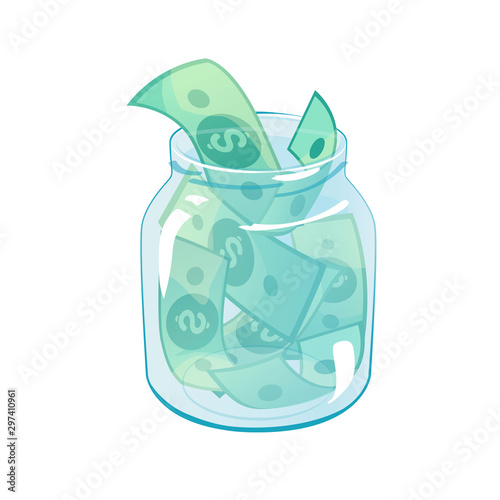 Glass jar with dollars. Financial investment concept. Save money in bank, banking security design. Cash savings in bottle. Charity, donation vector illustration template isolated white background.