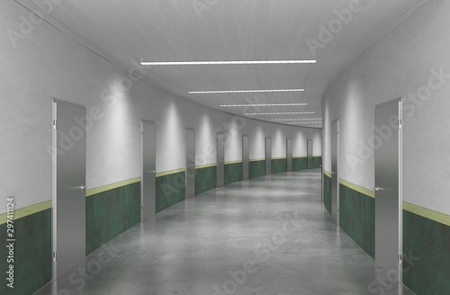 Fototapeta Naklejka Na Ścianę i Meble -  long corridor with doors, interior visualization, 3D illustration