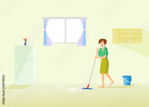 The housekeeper is cleaning the floor in the house with a refrigerator and window as the background.