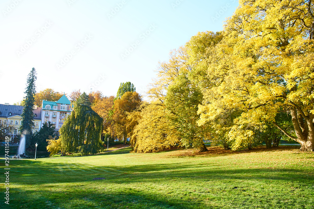 Marianske Lazne/Czech Republic - October 14 2019: Autumn images from spa area of Marianske Lazne (Marienbad Kurort) Marianske Lazne/Czech Republic - October 14 2019: Autumn images from spa area of Marianske Lazne (Marienbad Kurort)