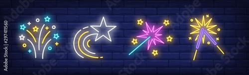 Firework and sparklers neon signs set