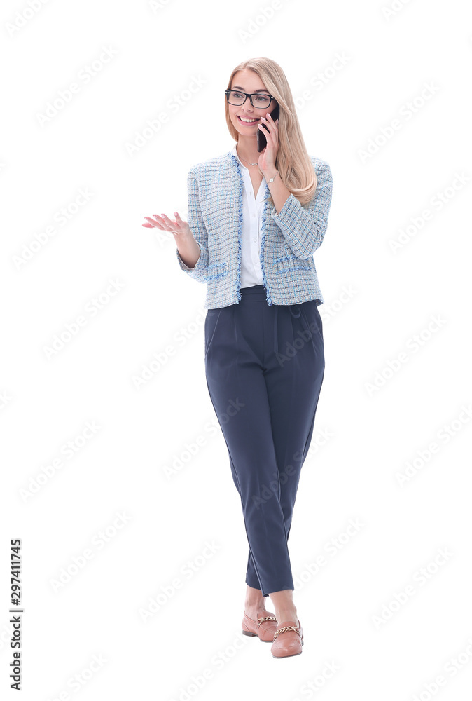 young business woman talking on her smartphone. isolated on white young business woman talking on her smartphone. isolated on white