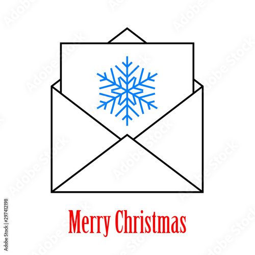 Logotipo con texto Merry Christmas con sobre y tarjeta lineal con copo de nieve en azul y negro