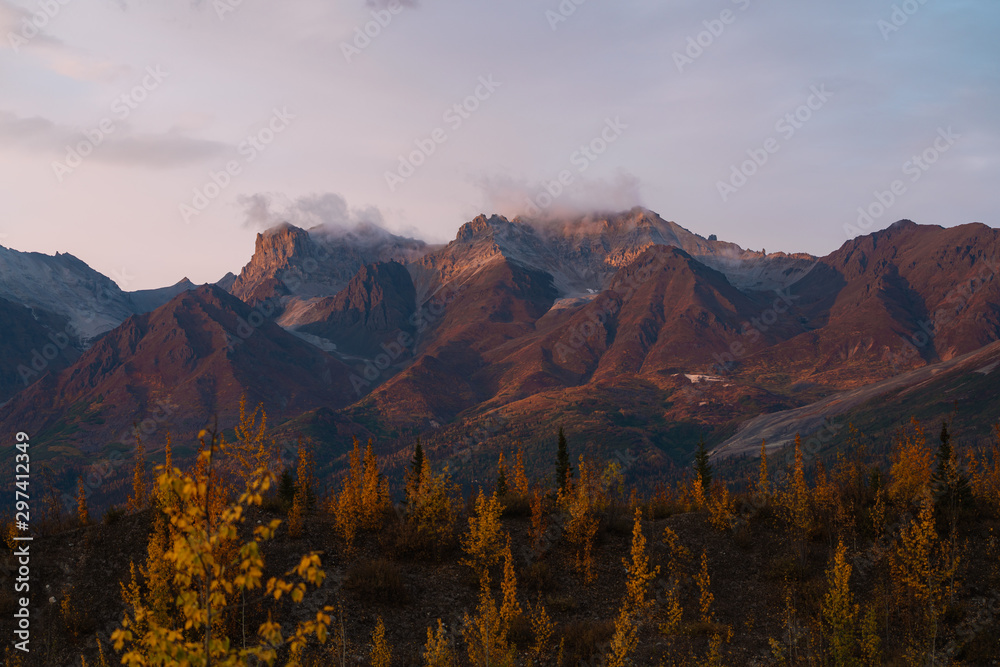 Alaskan mountains in sunset light during fall