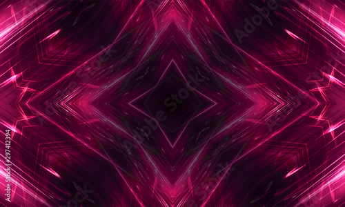 Dark abstract futuristic background. Neon lines  glow. Neon lines  shapes. Pink glow