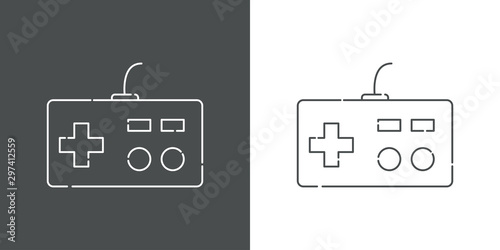 Icono plano lineal controlador retro de videojuego en fondo gris y fondo blanco