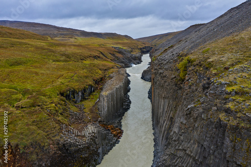 Studlagil basalt canyon  Iceland. One of the most wonderfull nature sightseeing in Iceland. Aerial drone shot in september 2019