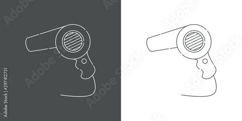 Icono plano lineal secador de pelo en gris y blanco