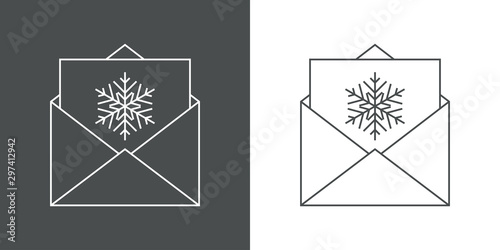 Logotipo con sobre y tarjeta lineal con copo de nieve en gris y blanco