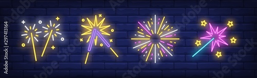 Firework explosion and sparklers neon signs set