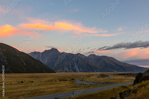 sunset over Aoraki National park village  New Zealand