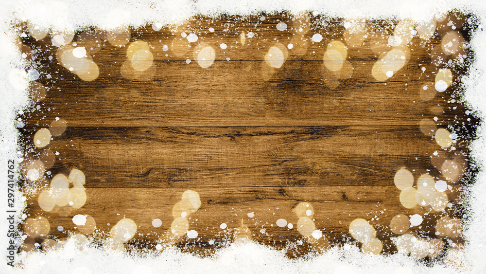 winter Background - Frame made of snow with snowflakes and lights on wooden texture, top view with space for text - obrazy, fototapety, plakaty 