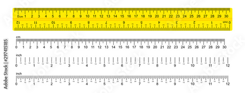The ruler is yellow, marked in centimeters, inches and combined rectangular shapes. Graduation inch line. Vector graphics