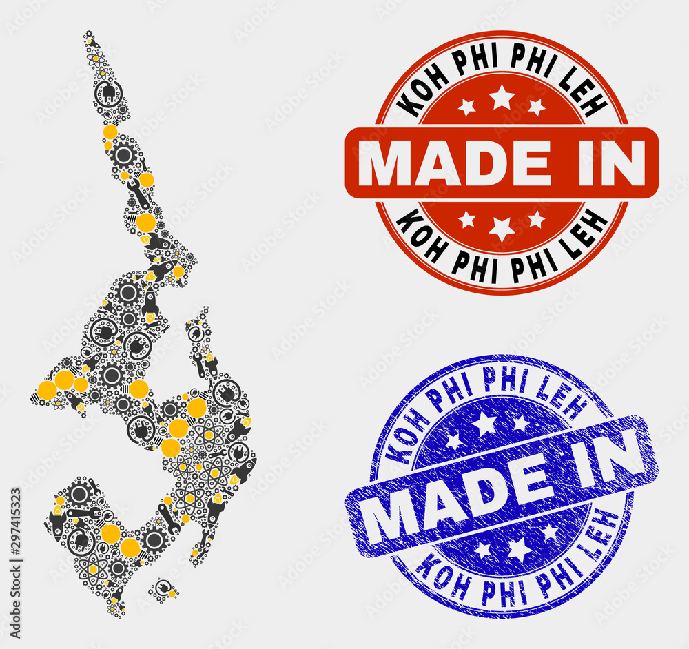 Mosaic gear Koh Phi Leh map and blue Made In grunge seal. Vector geographic abstraction model for workshop, or political posters. Mosaic of Koh Phi Leh map combined of scattered wheel, Mosaic gear Koh Phi Leh map and blue Made In grunge seal. Vector geographic abstraction model for workshop, or political posters. Mosaic of Koh Phi Leh map combined of scattered wheel,