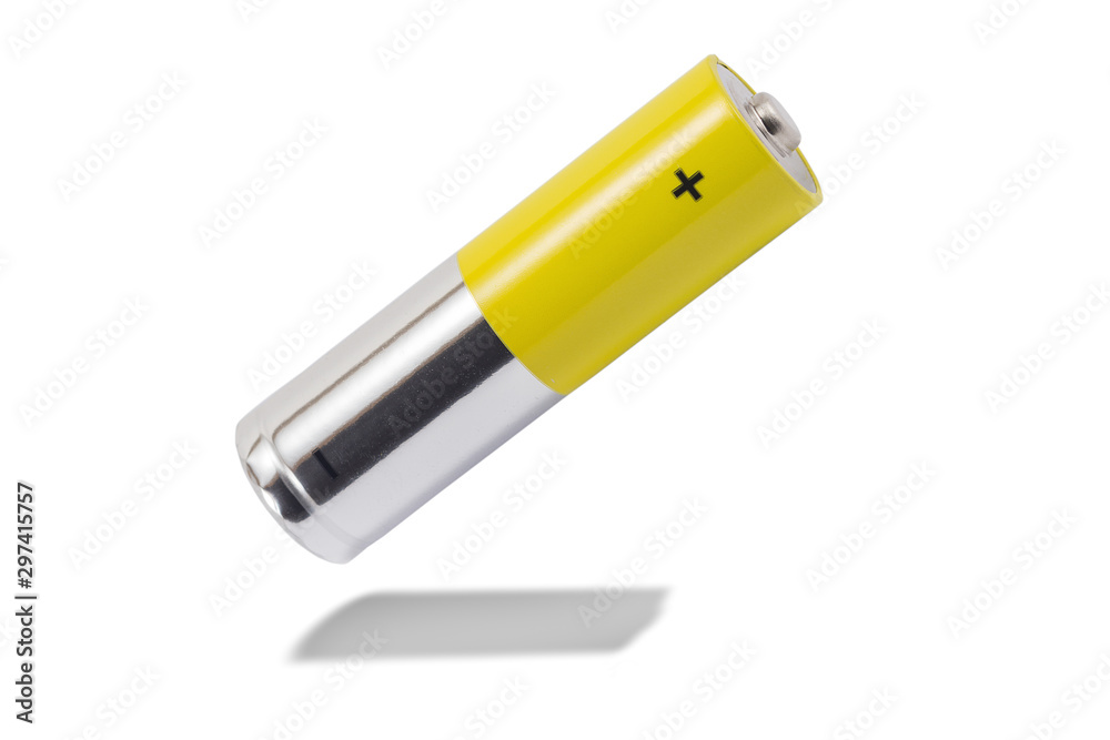 alkaline batteries and a yellow metal AA-size batteries isolated on white background closeup, carbon zinc batteries, rechargeable batteries, mockup alkaline batteries and a yellow metal AA-size batteries isolated on white background closeup, carbon zinc batteries, rechargeable batteries, mockup