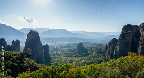 panorama of Meteora orthodox churches on the tops of rocks, monasteries on height, meteoric rocks, soaring in the air, Kalambaka, Thessaly, Greece