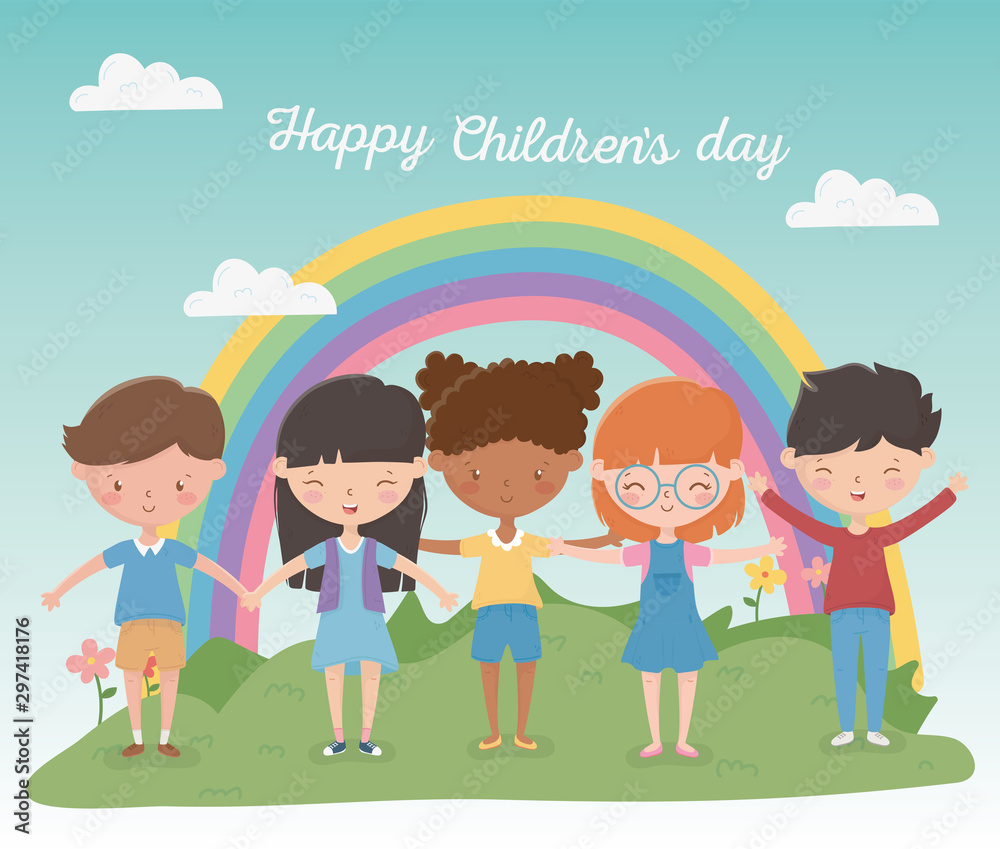 happy childrens day boys and girls rainbow field outdoors