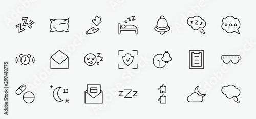 Sleep Vector Line Icons Set. Contains such Icons as Alarm Clock, Bed, Insomnia, Pillow, Sleeping Pills, Bell, Glasses for sleep, Bubble and more. Editable Stroke. 32x32 Pixel Perfect