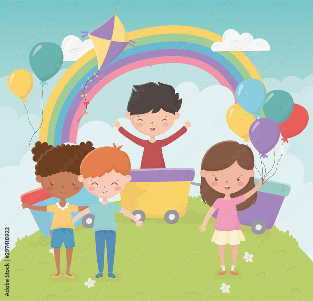 happy childrens day, girls and boys with toys in the park happy childrens day, girls and boys with toys in the park