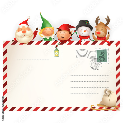 Christmas friends on letter for Santa Claus - template with Santa, Elves girl and boy, Snowman and Reindeer - vector illustration isolated on transparent background