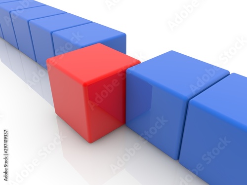 Red toy cube in one row with blue toy cubes