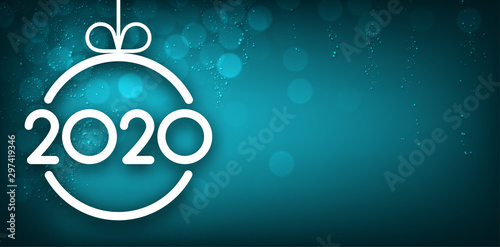 Turquose shiny 2020 New Year banner with Christmas ball and snow. photo