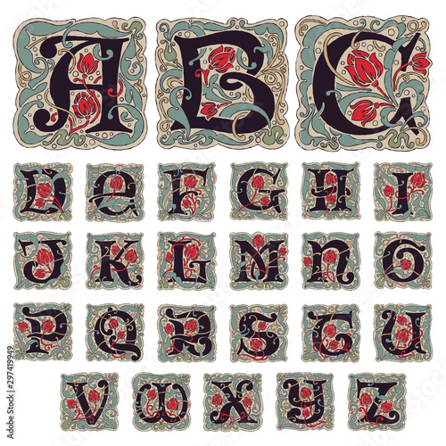 Antique gothic alphabet letters in vintage colors.