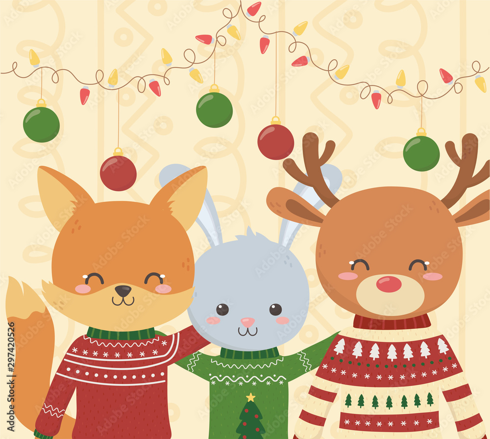 cute fox rabbit and deer christmas ugly sweater party