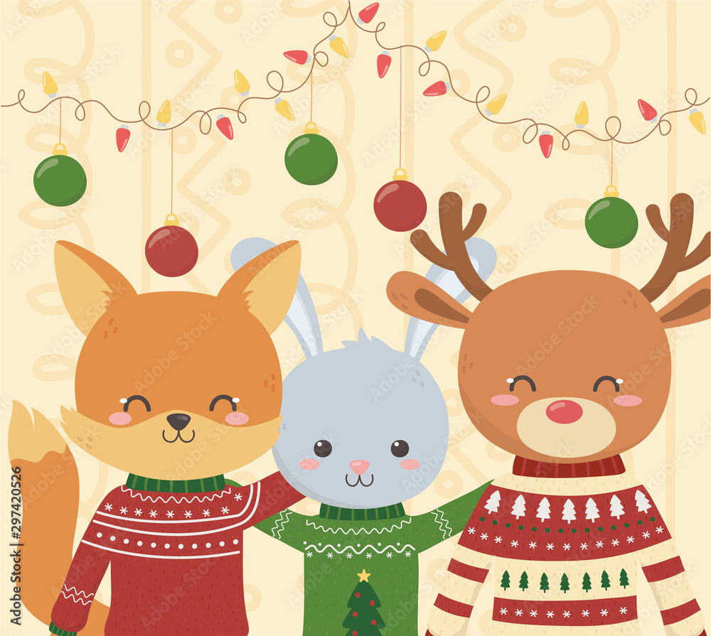 Naklejka premium cute fox rabbit and deer christmas ugly sweater party