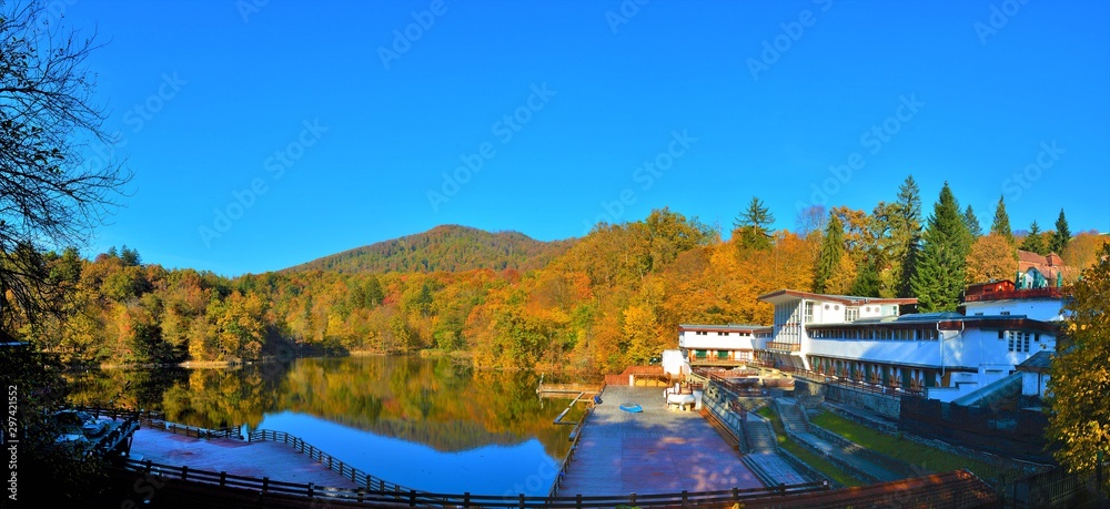 Lake Ursu from the Sovata resort in autumn - Romania 21.Oct.2019