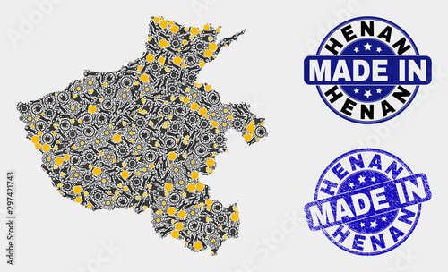 Mosaic technical Henan Province map and blue Made In textured seal. Vector geographic abstraction model for service, or political purposes. Mosaic of Henan Province map combined of scattered cogs,