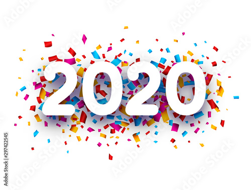 2020 new year sign with colorful confetti on white background.