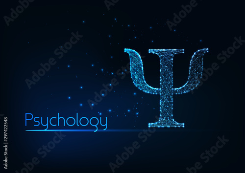 Futuristic glowing low polygonal psi letter, symbol of psychology isolated on dark blue background. photo