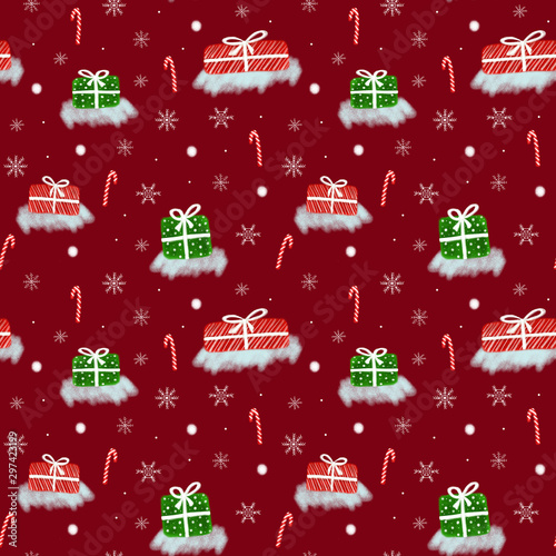 Seamless pattern with red and green Christmas gifts.