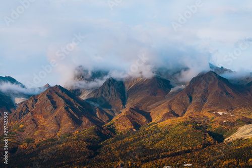 Alaskan mountains in sunset light during fall