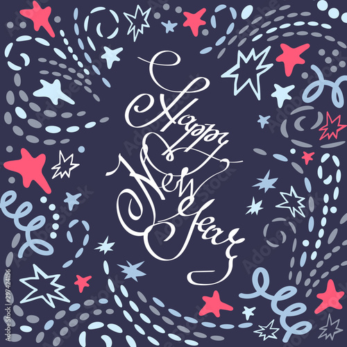 New Year decor greeting card with lettering and words in the form of interwoven serpentine. Happy New Year calligraphic phrase. Brush pen handwriting for Christmas celebration. Gift Illustration.