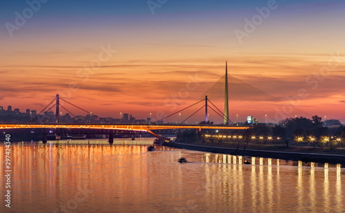 Belgrade Bridges on Sava River, Gazela, Railway Bridge, Ada Bridge Sunset City Lights Water Reflections