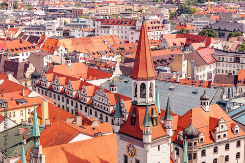 Aerial skyline view of red roofs in Munich, Germany