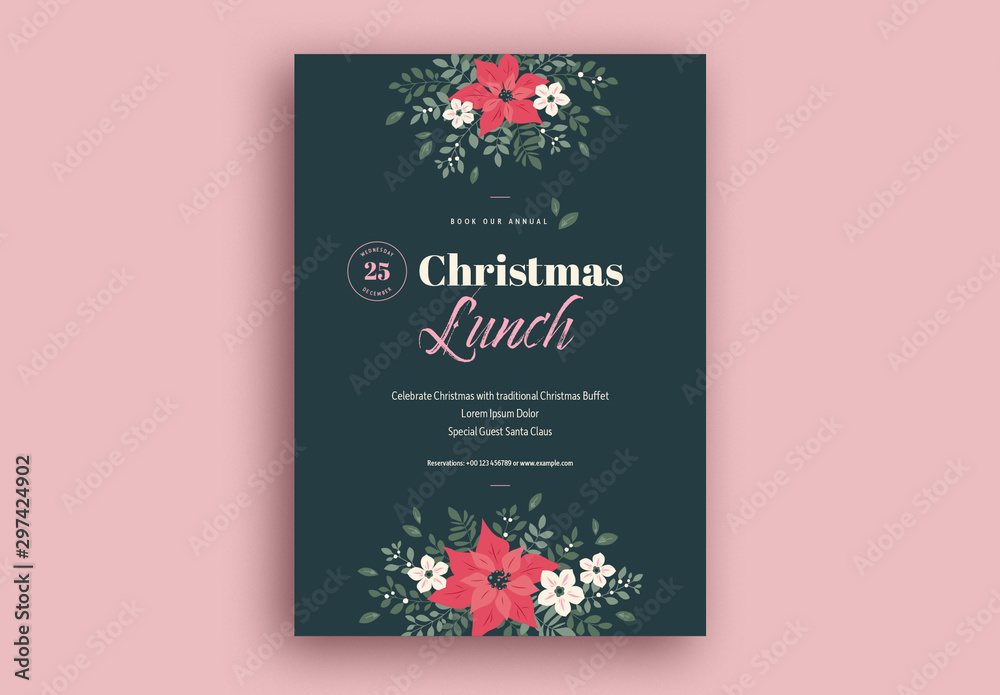 Christmas Lunch Flyer Layout with Illustrative Flowers Stock Template